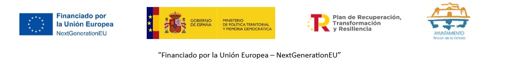 Logos: NextGenerationEU (PRTR), Ministerio Pol.Territorial y Mem.Democrática, y Ayto. de Rincón de la Victoria.