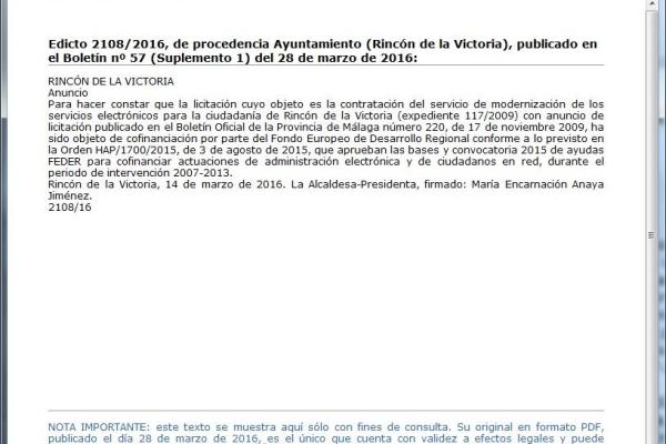 Edicto 2108/2016 del Ayuntamiento de Rincón de la Victoria